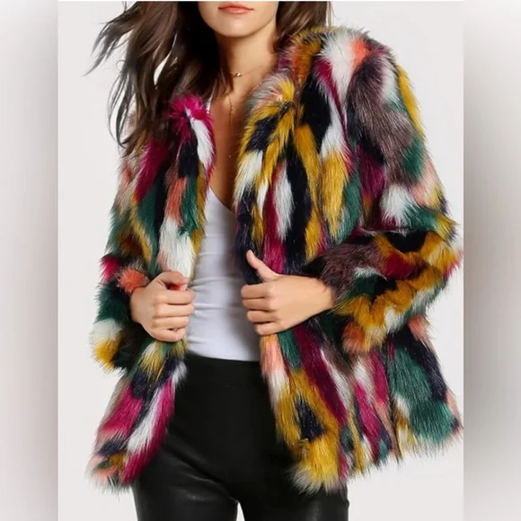 Multicolor Faux Fur Coat Long Sleeve Open Front Luxury Colorful Fuzzy Jacket - Picture 3 of 13